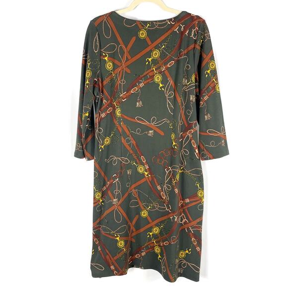 Talbots Shift Dress Green Chain Print Equestrian Cotton Pullover 3/4 Sleeve Sz L - Picture 11 of 11